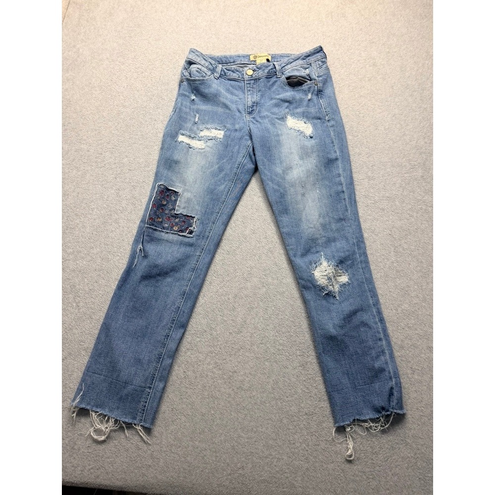 Democracy Womens Distressed Straight Leg Jeans Light Wash Paisley Patch Size 12